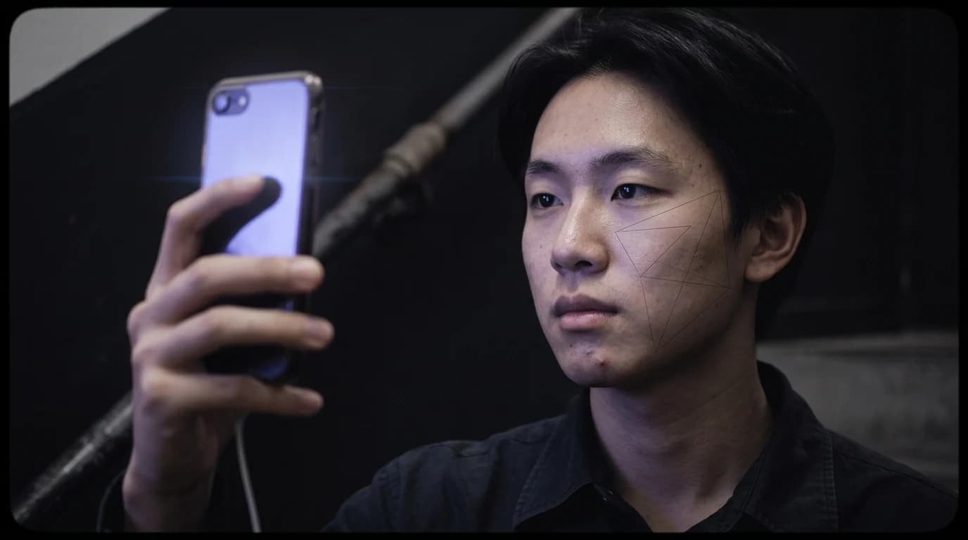 A person using a smartphone to scan their facial symmetry with futuristic geometric lines mapping their features.