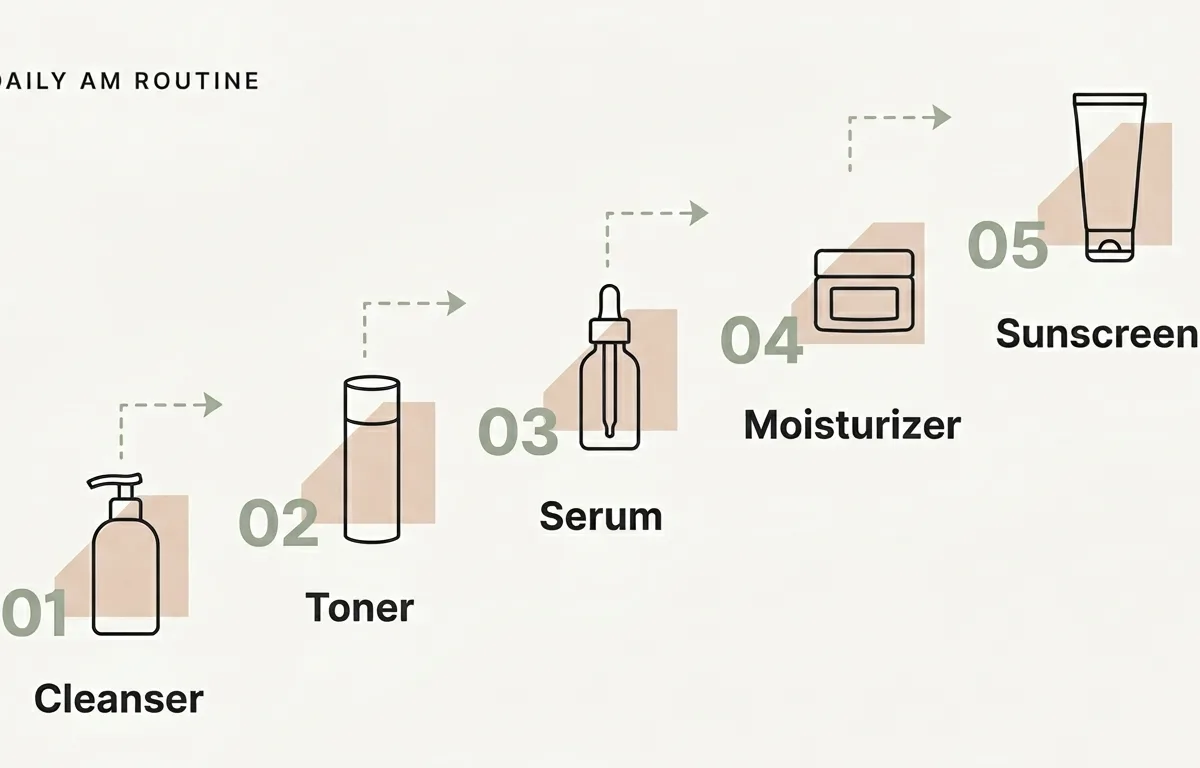 Infographic showing skincare routine order from cleanser to sunscreen.